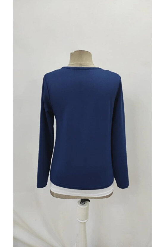 Kadın Uzun Kollu V Yakalı çift Renkli Viskon Iki Iplik Bluz