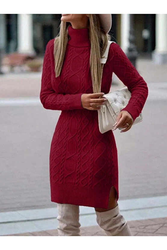 Kadın Uzun Kollu Loren Yünlü Motifli Midi Boy Triko Elbise