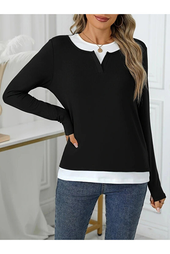Kadın Uzun Kollu V Yakalı çift Renkli Viskon Iki Iplik Bluz