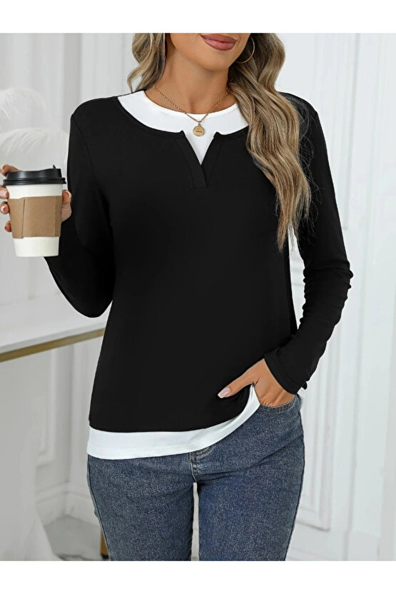 Kadın Uzun Kollu V Yakalı çift Renkli Viskon Iki Iplik Bluz
