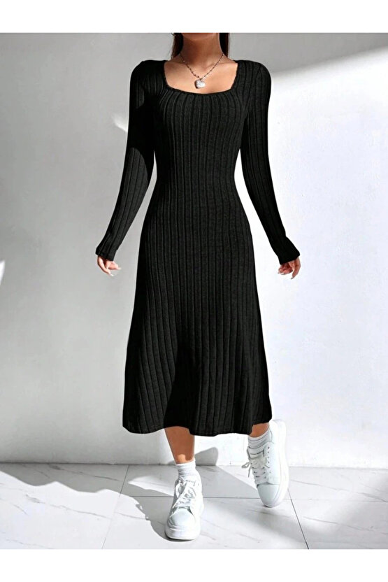 Kadın Uzun Kollu Kare Yaka Midi Kaşkorse Elbise