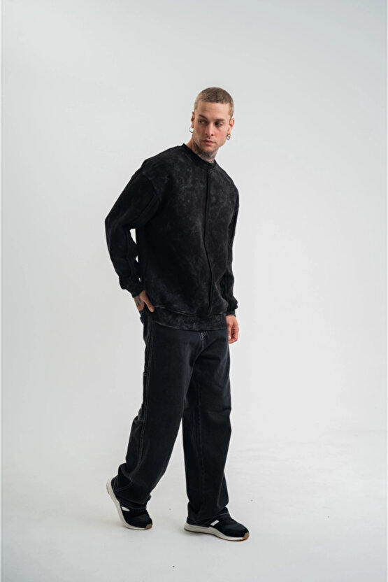 eyesof Unisex Bisiklet Yaka Özel Pis Dikişli Yıkamalı SweatShirt - Siyah