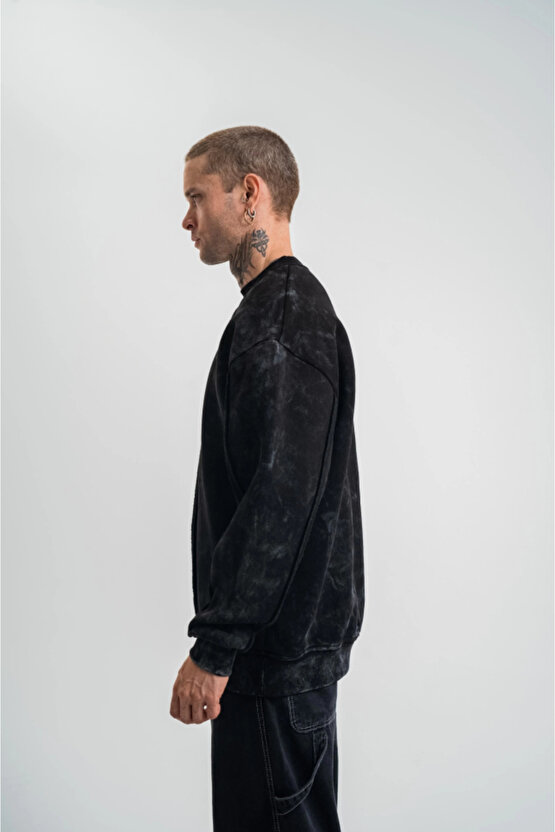 eyesof Unisex Bisiklet Yaka Özel Pis Dikişli Yıkamalı SweatShirt - Siyah