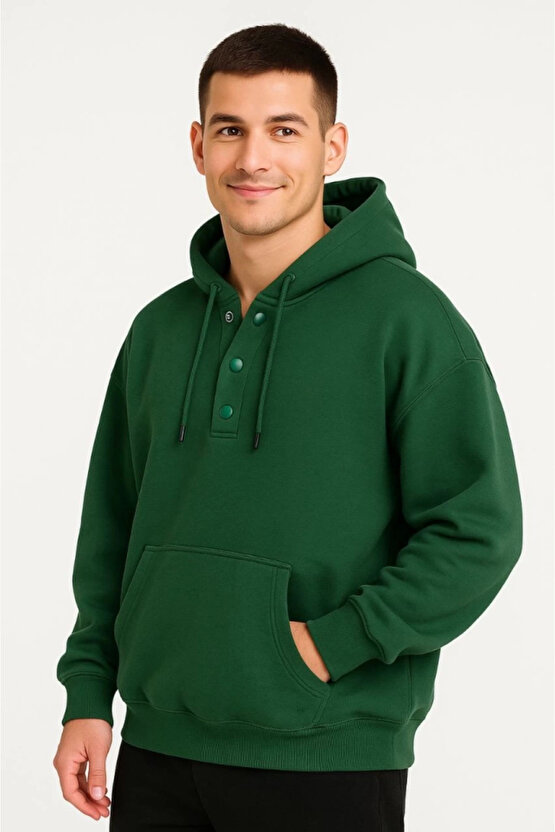 MDB Erkek Ovarsize Kapüşonlu wetshirt Kanguru Çepli Cıtcıtlı 3 Iplik Şardonlu Hoodie Haki