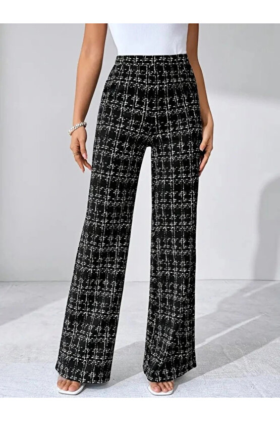 Kadın Yüksek Bel Paçaya Doğru Geniş Dokuma Pantolon