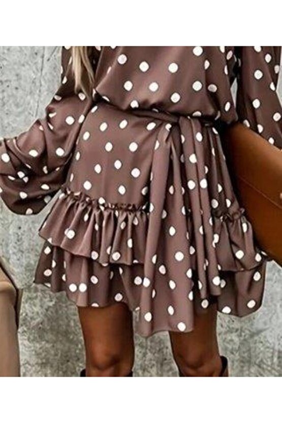 Kadın Uzun Kollu V Yakalı Belden Kuşaklı Puantiyeli Mini Modal Elbise