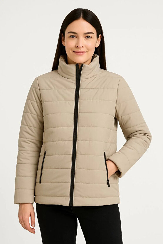 Bomber Mont Ceket – Su İtici Kumaş, Kapitone Astarlı, Fermuarlı, Kışlık - Bej