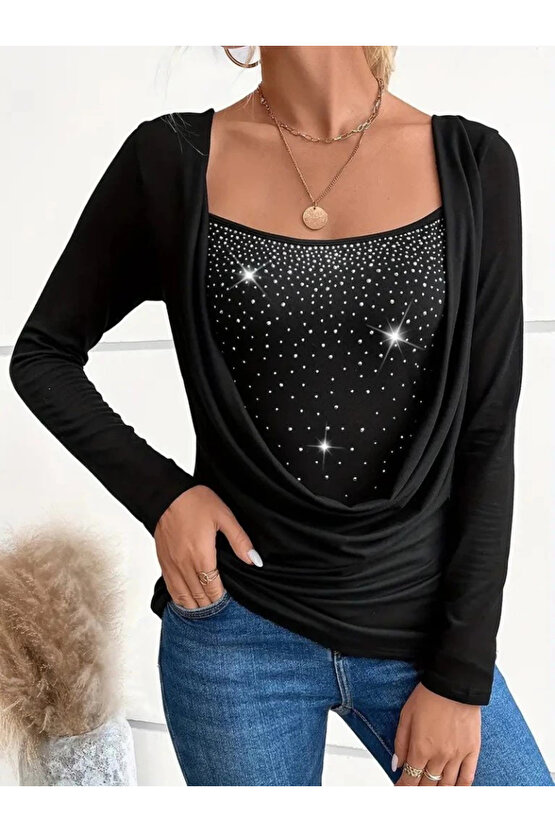 Kadın Uzun Kollu Derin Degaje Yakalı Taşlı Sandy Bluz