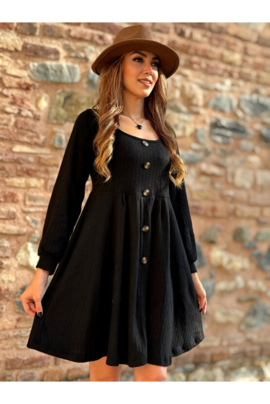 Kadın Uzun Kollu Kare Yaka Düğmeli Kısa şardonlu Iki Iplik Mini Elbise