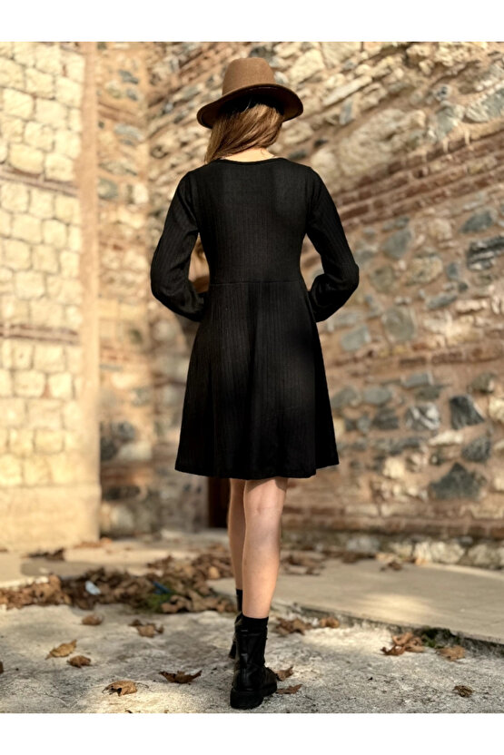 Kadın Uzun Kollu Kare Yaka Düğmeli Kısa şardonlu Iki Iplik Mini Elbise