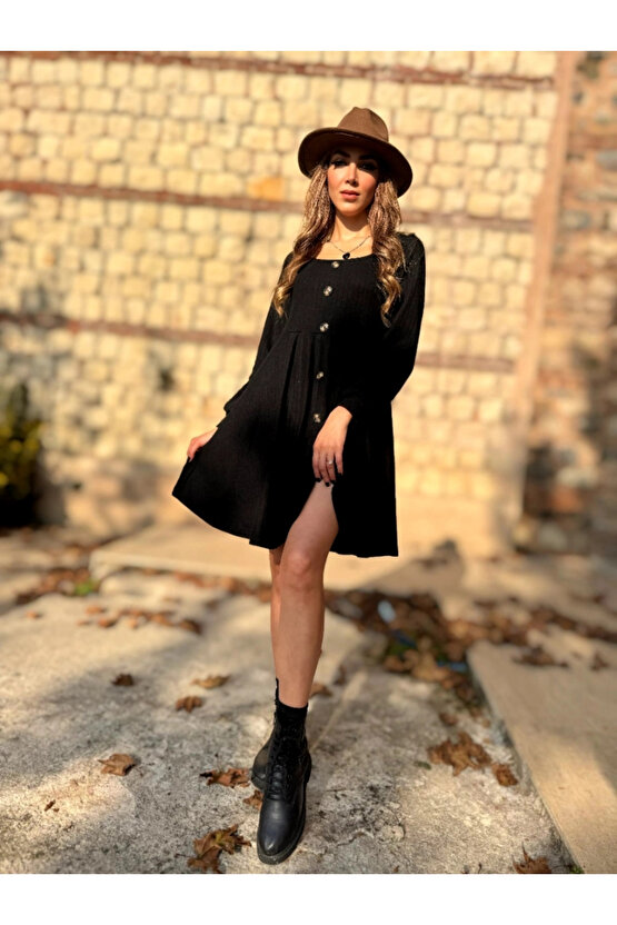 Kadın Uzun Kollu Kare Yaka Düğmeli Kısa şardonlu Iki Iplik Mini Elbise