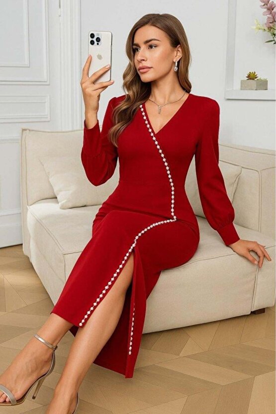 Kadın Uzun Kollu V Yakalı Yırtmaçlı Taşlı Uzun Ithal Krep Elbise