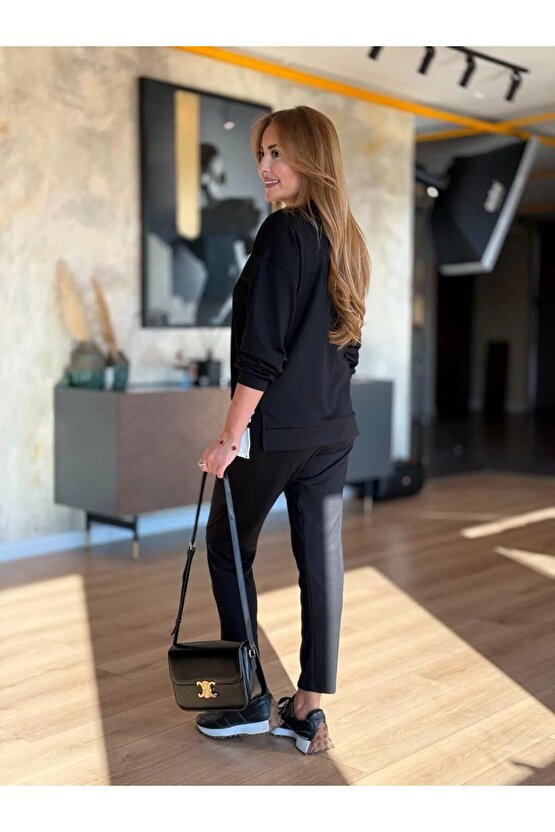 Kadın Uzun Kollu Bisiklet Yaka Ribana Detay Sweat Ve Pantolon Ikili Takım