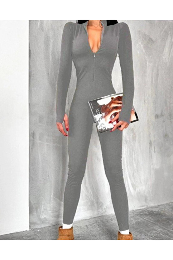 MDB Kadın Uzun Kollu V Yaka Baş Parmak Geçirmeli Detay Kaşkorse Tulum