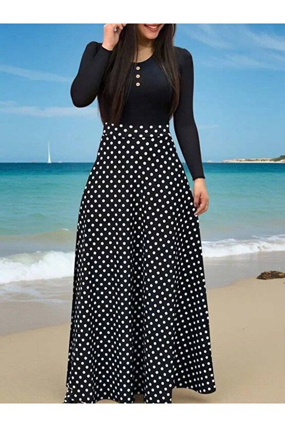 Kadın Uzun Kollu önü Düğmeli Viskon Bluz Eteği örme Maxi Krep Elbise