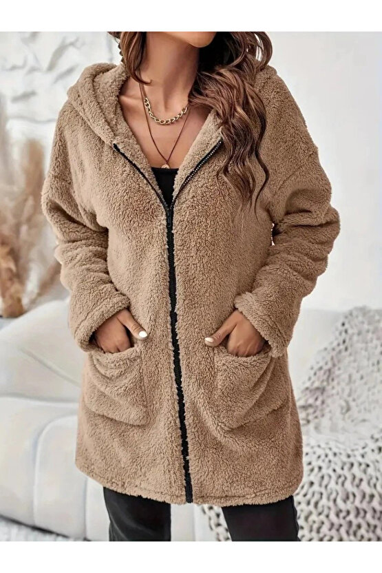 Kadın Uzun Kollu Kapşonlu önden Fermuarlı Cepli Welsoft Ceket