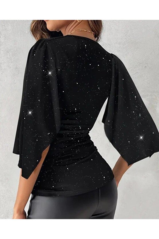 Kadın Truvakar Kollu Kruvaze Yakalı Simli Sandy Bluz