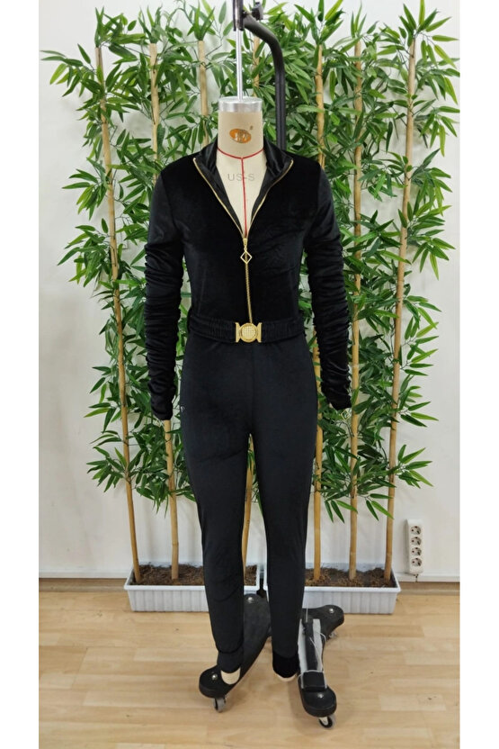 Kadın Uzun Kollu önden Fermuar Detaylı Kemerli Kadife Tulum