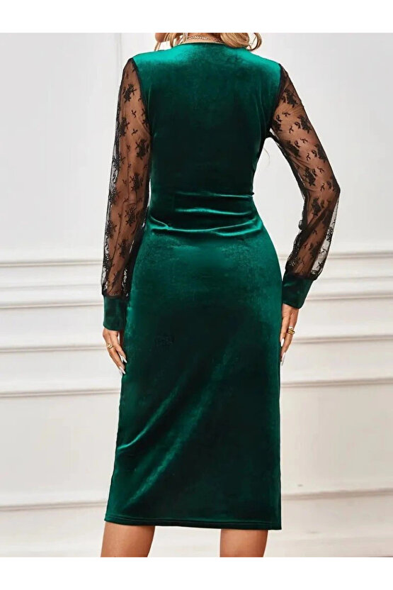 Kadın Uzun Kollu Kruvaze Yakalı Yandan Düğmeli önden çapraz Kesin Detaylı Midi Kadife Elbise