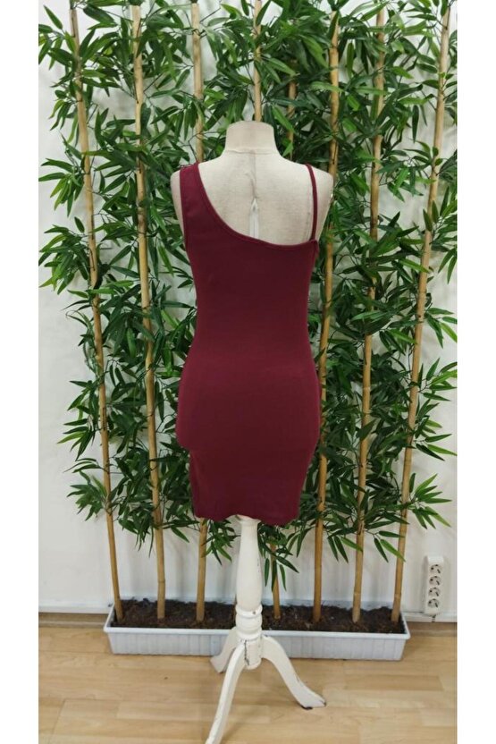 Kadın Tek Omuzu Ip Askılı Kruvaze Yakalı Belden Düğmeli Asimetrik Kesim Detaylı Kaşkorse Elbise