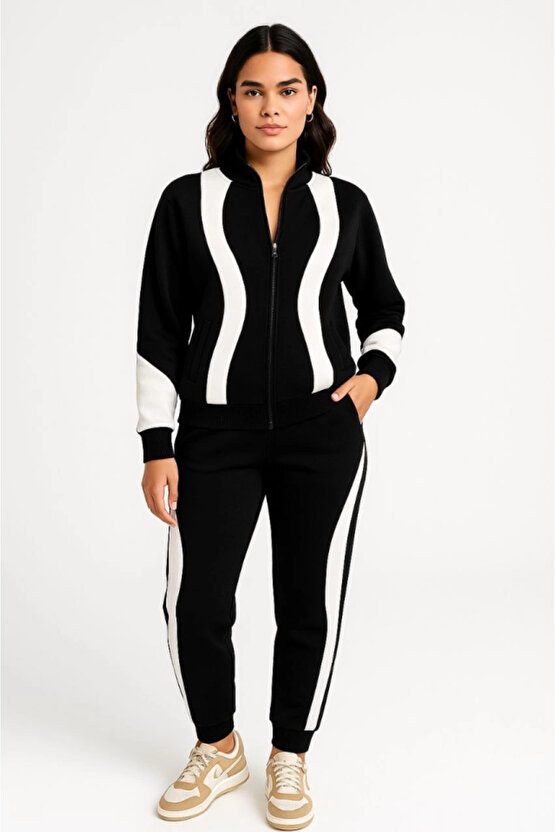Kadın Premium Parçalı Eşofman Takım - Dik Yaka Fermuarlı Sweatshirt - Siyah