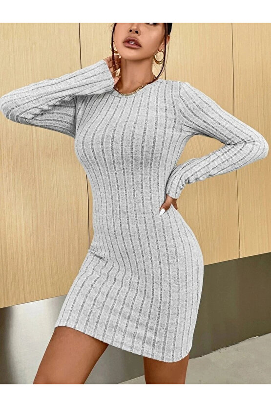 Kadın Uzun Kollu Bisiklet Yaka şardonlu Kalın Fitilli Kaşkorse Mini Boy Elbise