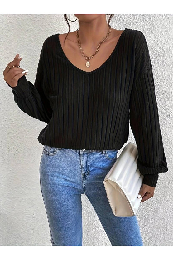 Kadın Uzun Kollu V Yakalı Pencere Sırt Dantel Detaylı Kalın Fitilli Kaşkorse Bluz