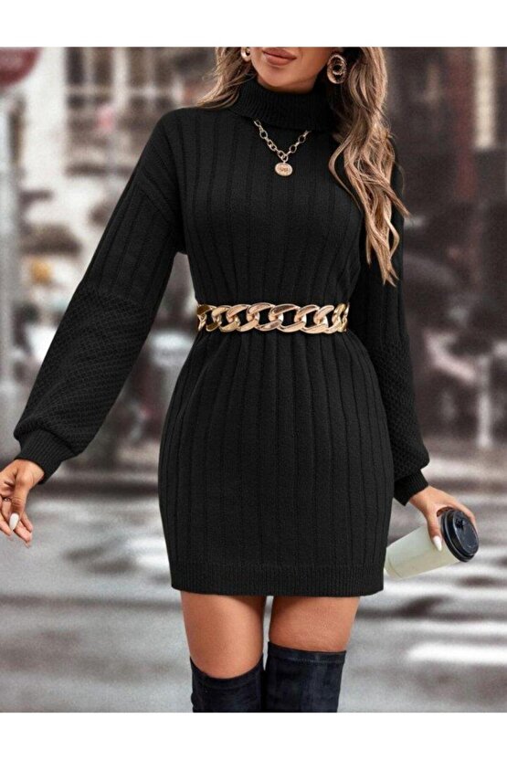 Kadın Uzun Kollu Boğazlı Uzun Balon Kol Triko Mini Elbise