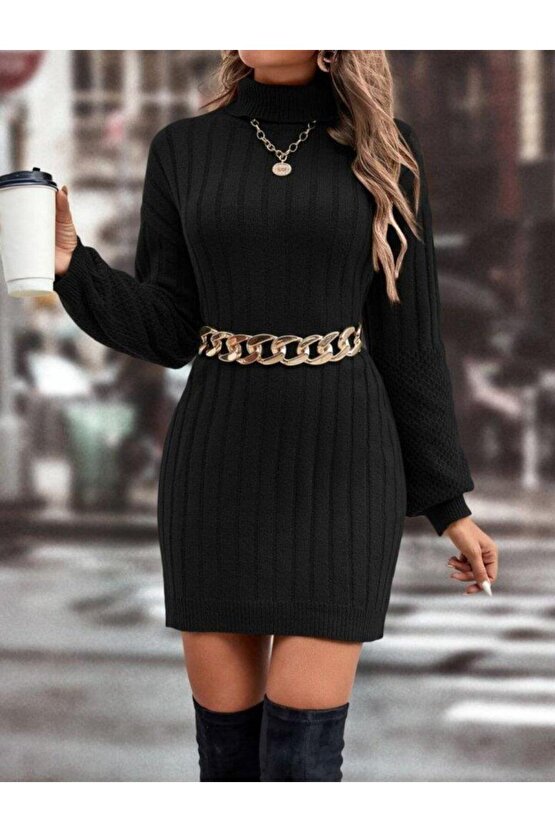 Kadın Uzun Kollu Boğazlı Uzun Balon Kol Triko Mini Elbise