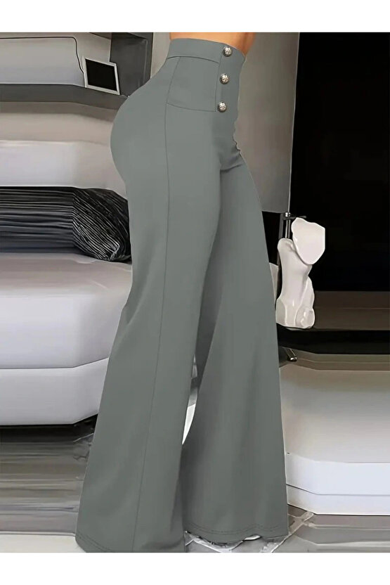 Kadın Yüksek Bel önden Düğmeli Uzun Paçaya Doğru Geniş Ithal Krep Pantolon