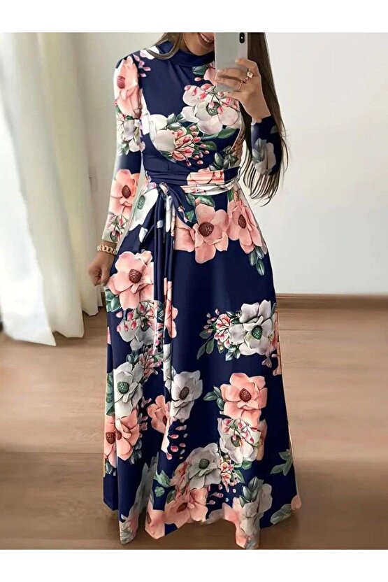 Kadın Uzun Kollu Yuvarlak Yakalı Beli Kuşaklı Desenli Süprem Uzun Elbise