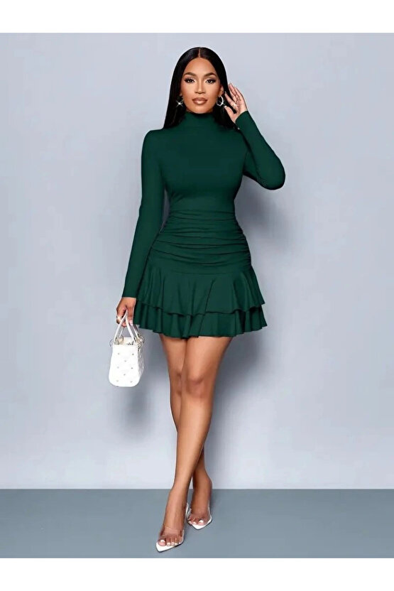 Kadın Uzun Kollu Balıkçı Yaka Mini Fırfırlı Sandy Elbise