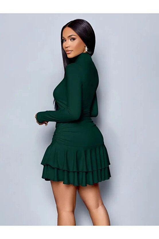 Kadın Uzun Kollu Balıkçı Yaka Mini Fırfırlı Sandy Elbise