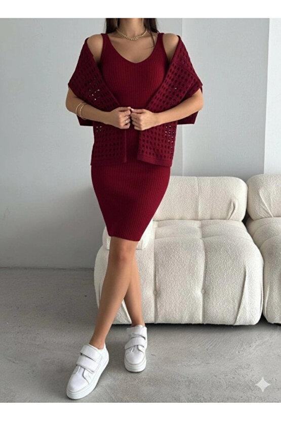 Kadın Uzun Kollu Delikli Kazak Askılı Elbise Triko Ikili Takım