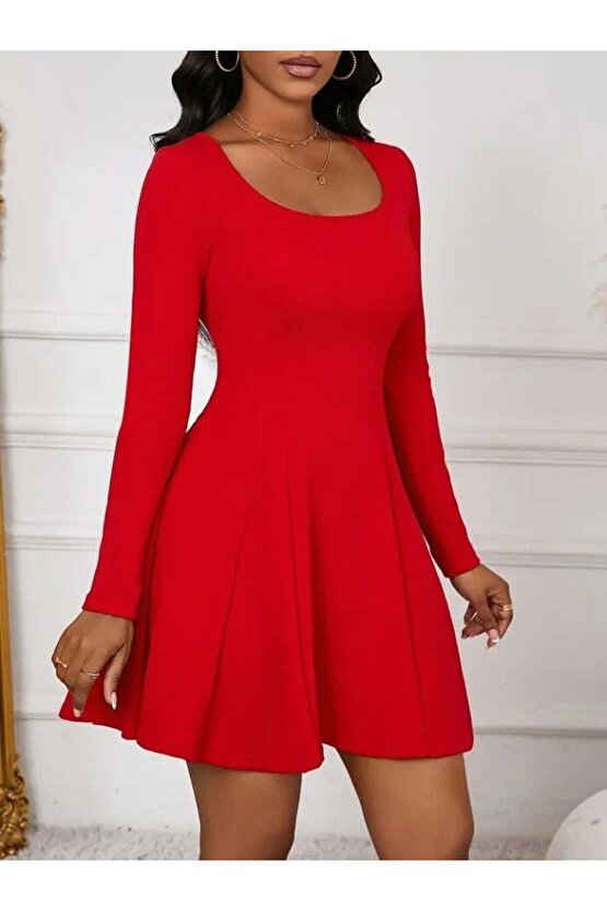 Kadın Uzun Kollu Kare Yakalı Mini Ithal Krep Elbise