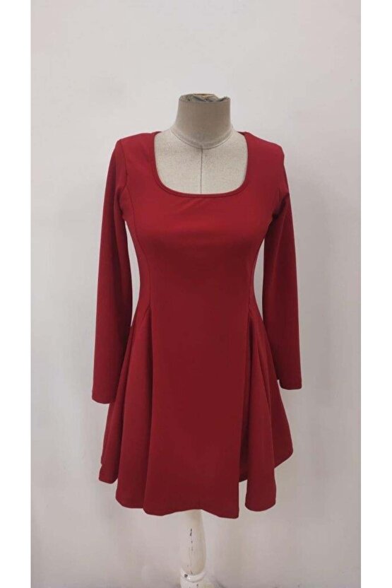 Kadın Uzun Kollu Kare Yakalı Mini Ithal Krep Elbise