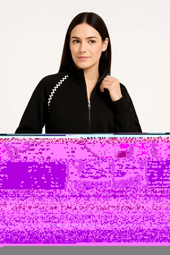 EQURİ Oversize Dik Yaka Fermuarlı Sweatshirt - Zincir Nakışli Kanguru Cepli, - Siyah
