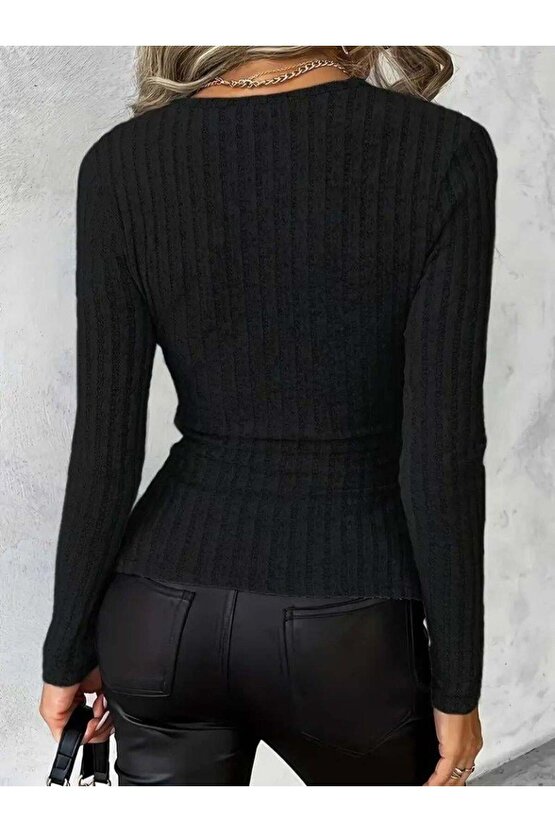 Kadın Uzun Kollu Kruvaze Yaka Yandan Düğme Detaylı şardonlu Kaşkorse Bluz