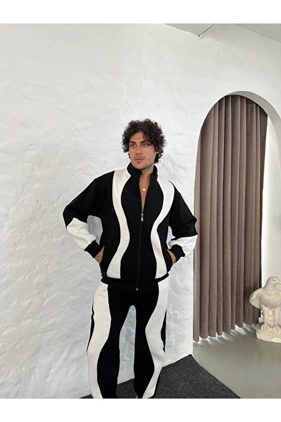 EQURİ Erkek Premium Parçalı Eşofman Takım - Dik Yaka Fermuarlı Sweatshirt, - Siyah