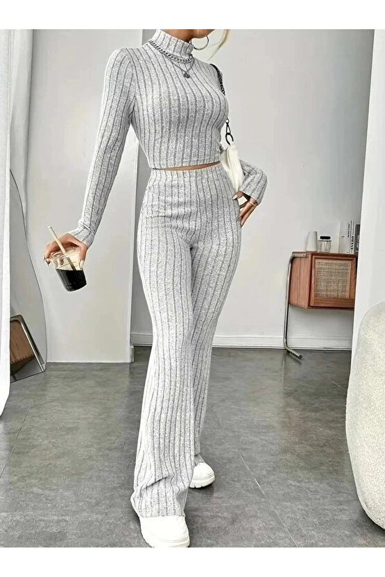 Kadın Uzun Kollu Balıkçı Yaka Krop Ve Pantolon şardonlu Kaşkorse Ikili Takım