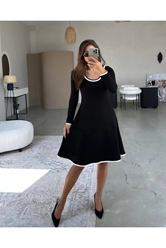 Kadın Uzun Kollu Yuvarlak Yaka Midi Viskon Iki Iplik Elbise