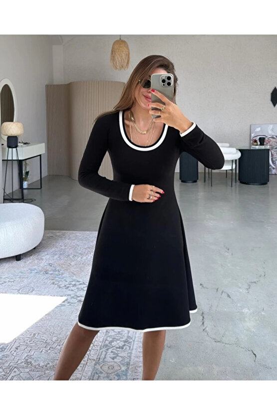 Kadın Uzun Kollu Yuvarlak Yaka Midi Viskon Iki Iplik Elbise