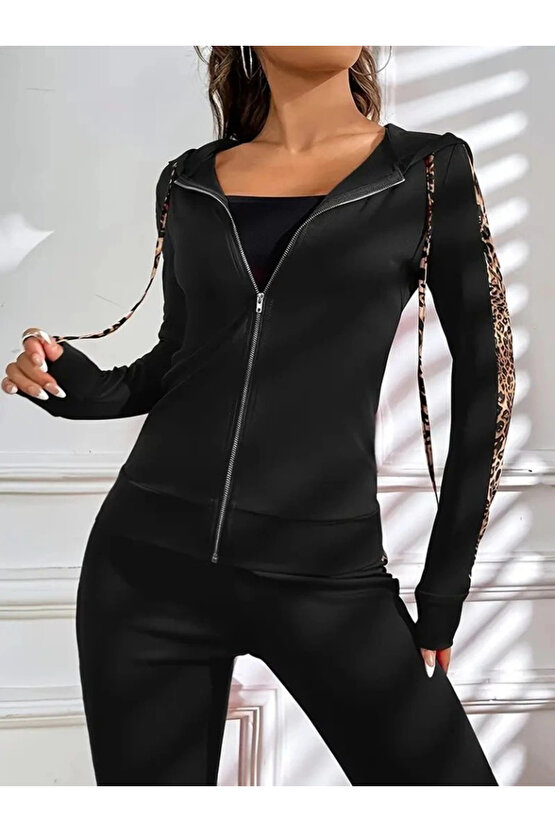 Kadın Uzun Kollu Kapşonlu Fermuarlı Bağcıklı Viskon Iki Iplik Bluz Ve Pantolon Tayt