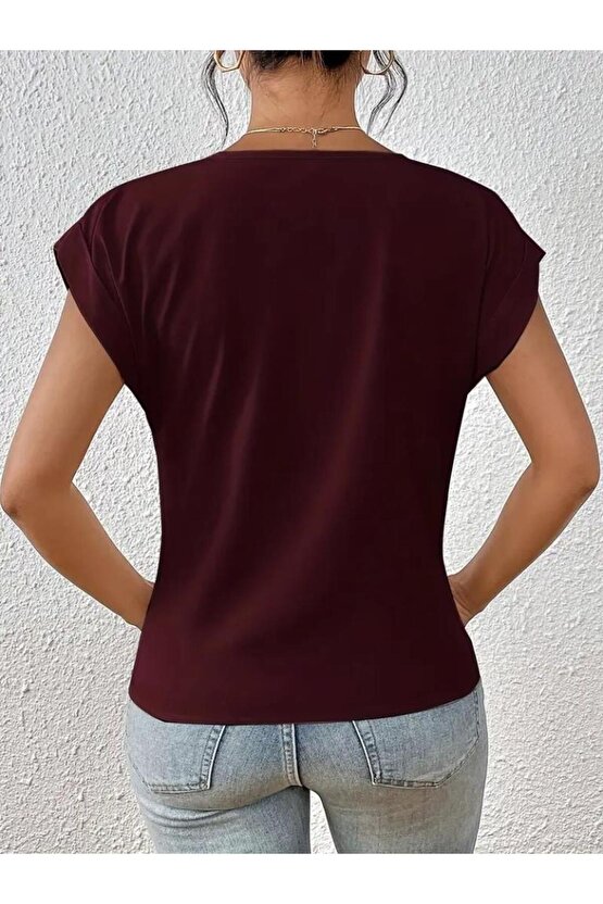 Kadın Kısa Kollu V Yakalı önden çapraz Geçmeli Detay Viskon Bluz