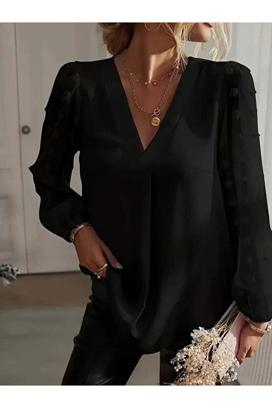 EQURİ Kadın Uzun Kollu V Yakalı Kolları Popon Detaylı Sandy Bluz