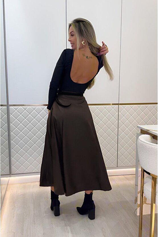 EQURİ Kadın Yüksek Belli Maxi Deri Kemersiz Etek