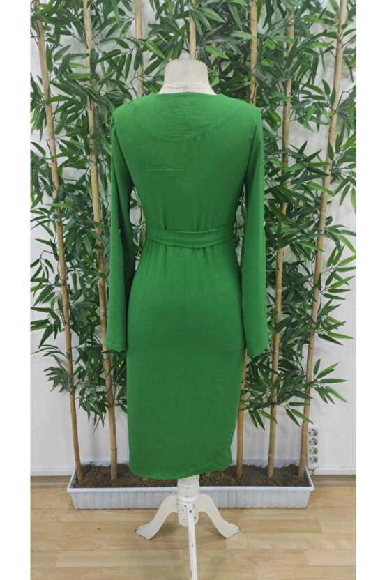 Kadın Uzun Kollu önden Düğmeli Beli Kuşaklı Aerobin Midi Elbise