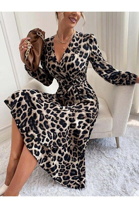 Kadın Uzun Kollu Kruvaze Yakalı Belden Kuşaklı Leopar