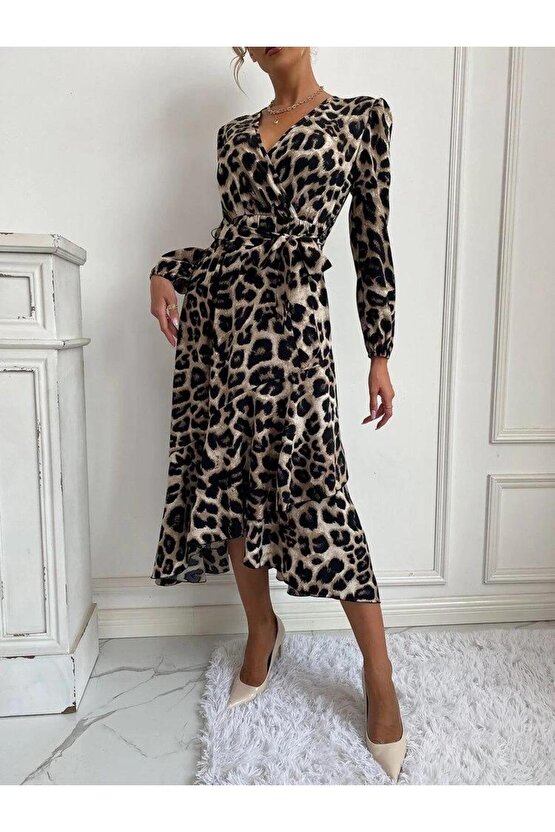 Kadın Uzun Kollu Kruvaze Yakalı Belden Kuşaklı Leopar