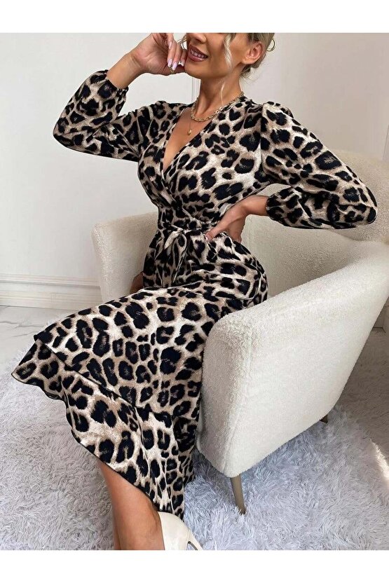Kadın Uzun Kollu Kruvaze Yakalı Belden Kuşaklı Leopar